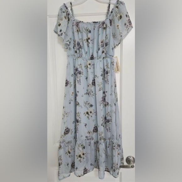 Rewind Womens Cold Shoulder Skater Dress Blue Floral Sz M - Picture 4 of 10